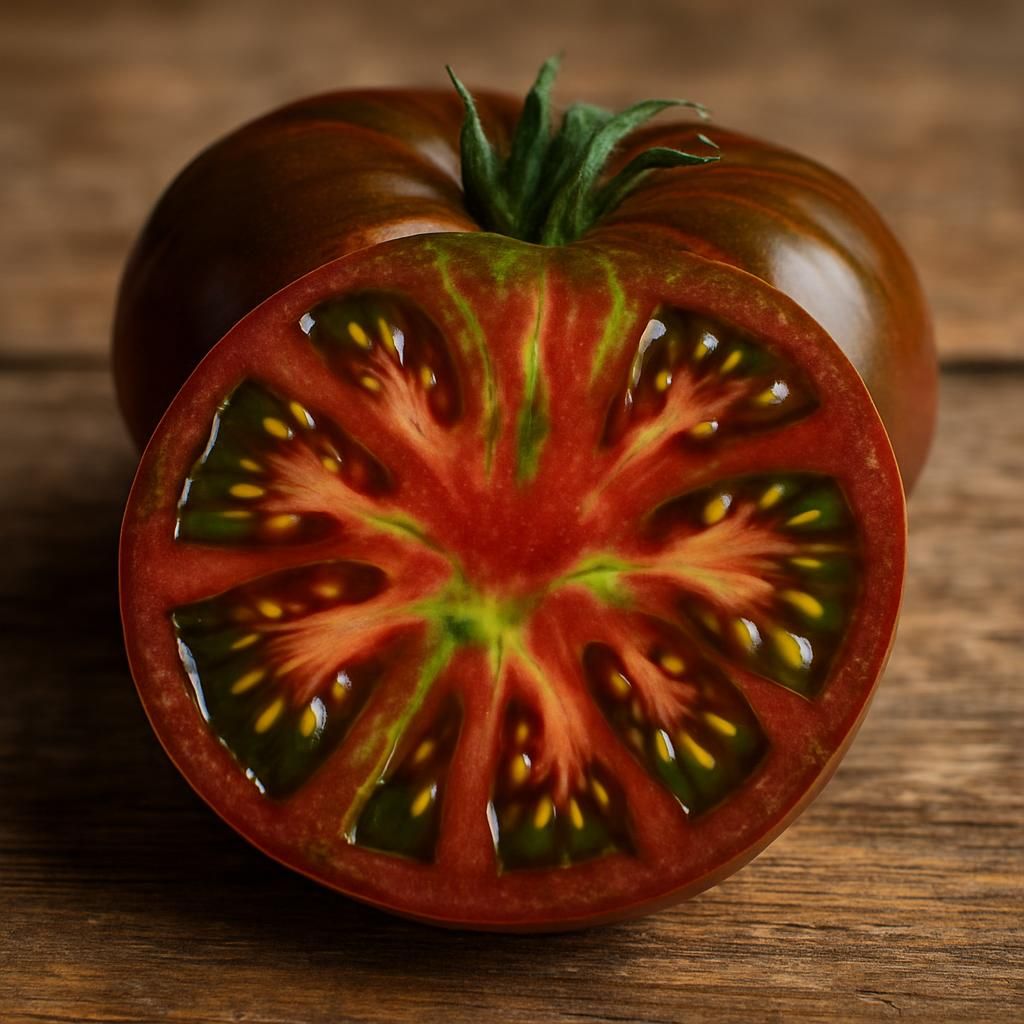 Sliced Ananas Noire tomato revealing striking green and mahogany bicolor flesh on wooden surface
