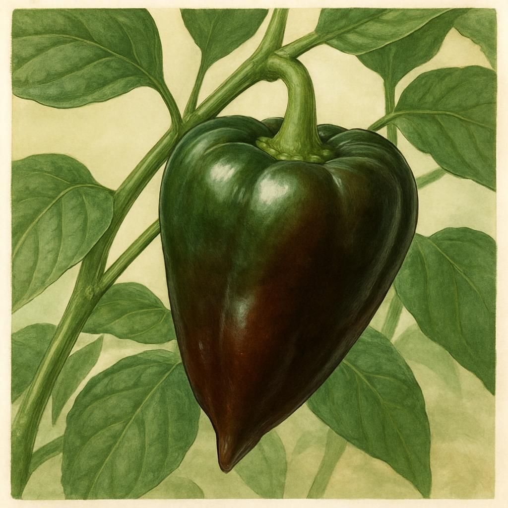 Close-up of oversized Ancho Gigantea pepper ripening on plant with lush foliage