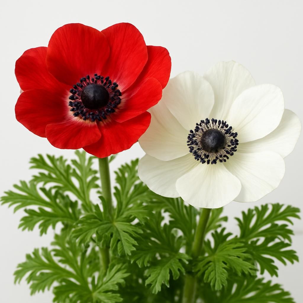 Vibrant red and white Anemone coronaria flowers with fern-like foliage in professional close-up