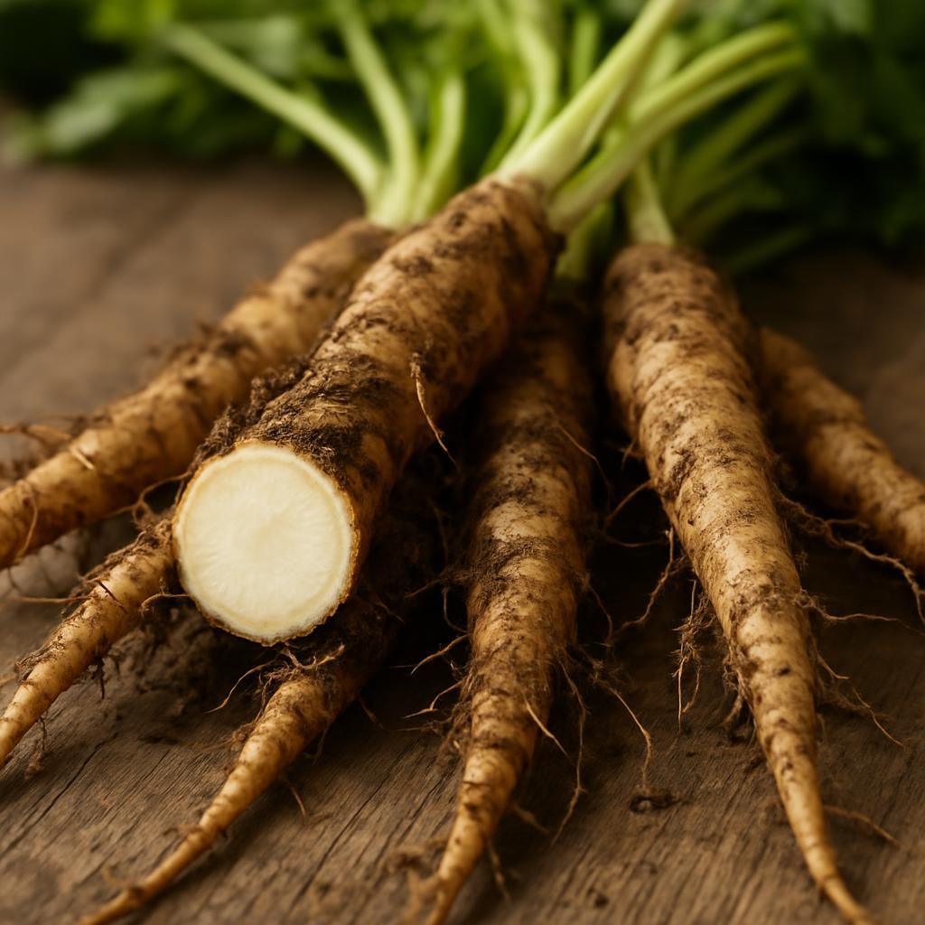 Freshly harvested Angelica Root taproots showing thick aromatic flesh on wooden table