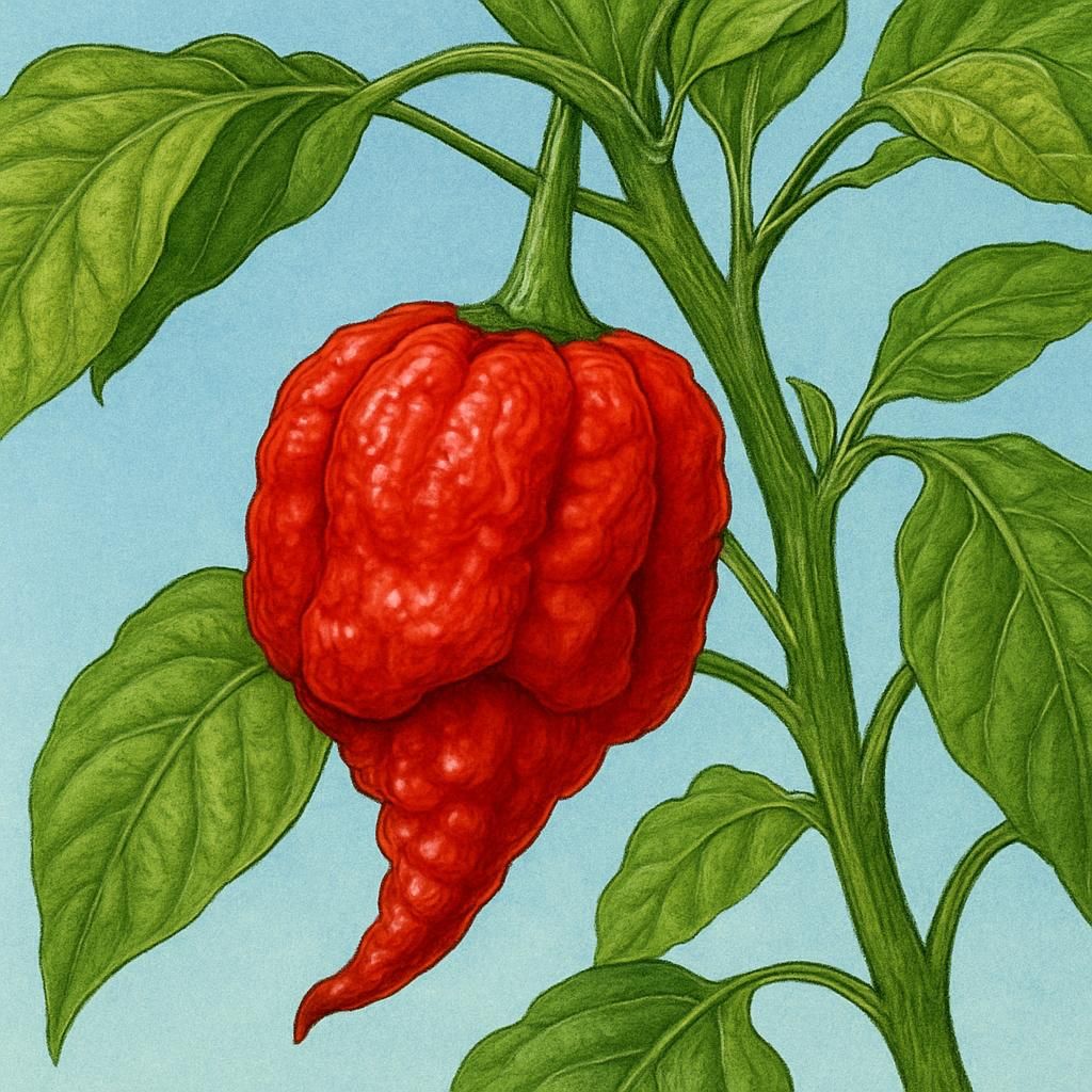 Close-up of bright red Apocalypse Scorpion pepper against a blue sky.