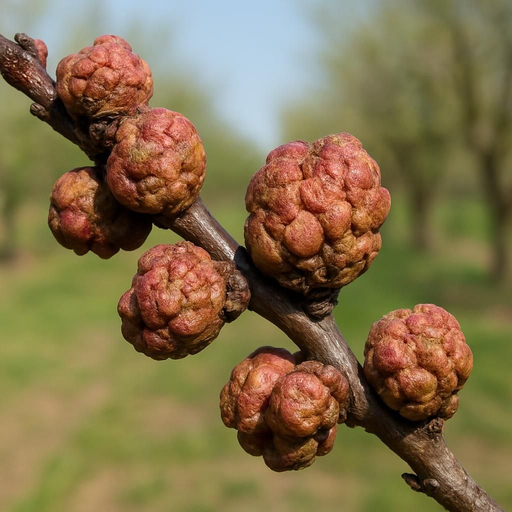 Close-up of apricot buds deformed by Apricot Bud Gall Mite galls in an orchard setting