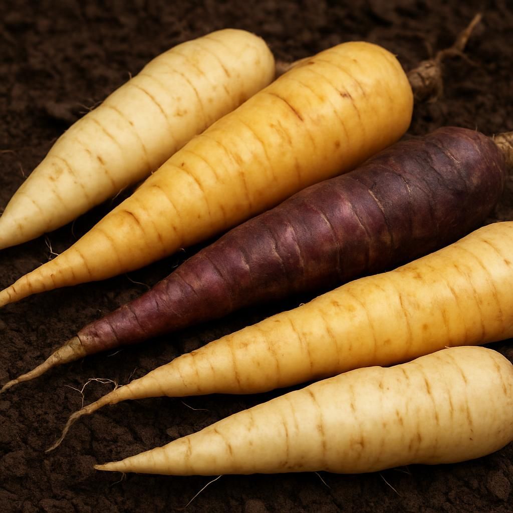 Freshly harvested arracacha roots in white, yellow and purple varieties on soil