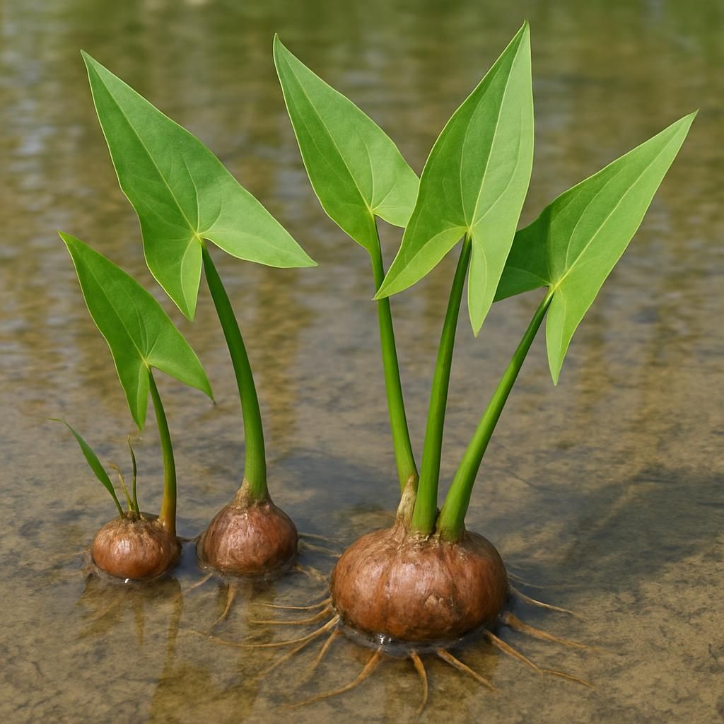 Close-up of crisp white Arrowhead corms and arrow-shaped leaves growing in shallow flooded field
