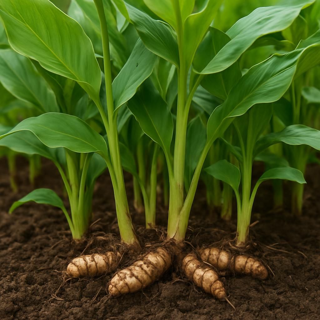 Close-up of thriving arrowroot plants showing broad green leaves and underground rhizomes in fertile soil