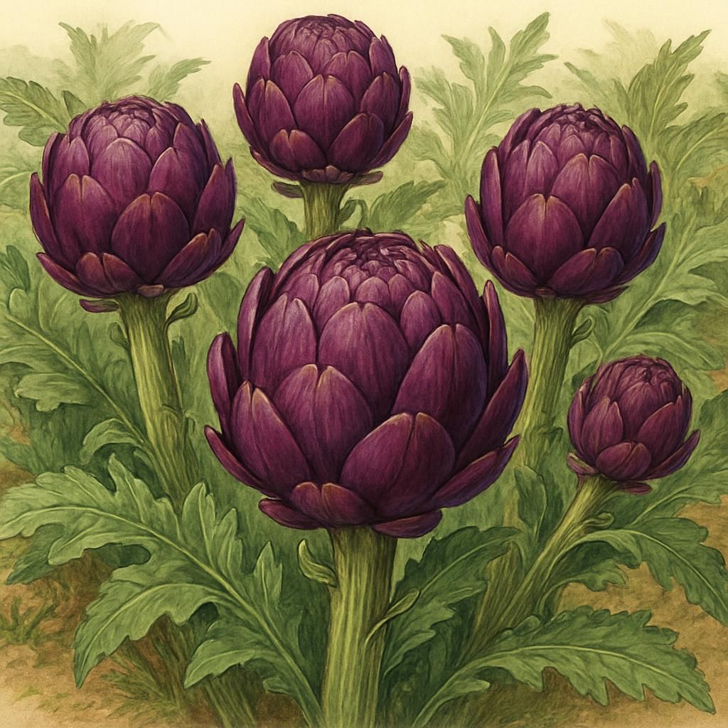 Close-up of Violetta di Chioggia artichokes with vibrant purple heads in a sunny garden.