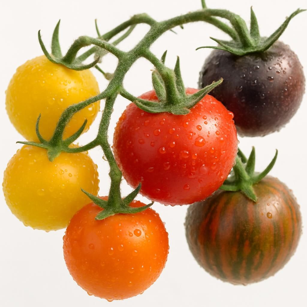 Vibrant red, yellow, purple and striped Artisan Mix Tomatoes growing on healthy vines in a garden setting