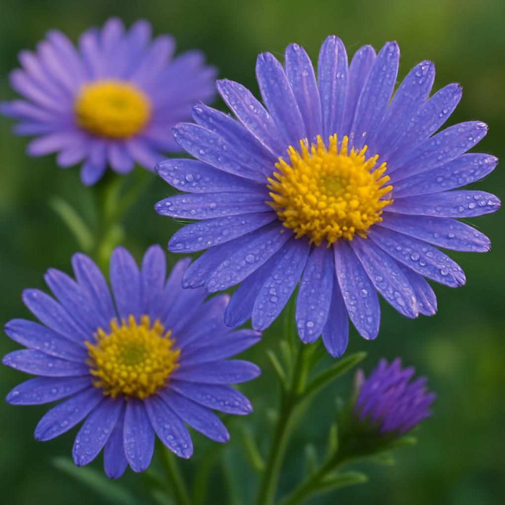 Close-up of blooming purple asters with yellow centers in morning dew for commercial cut-flower production