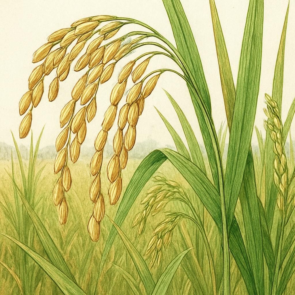 Close-up of Aus Rice (Dharial) illustrating its golden grains in a lush green field.