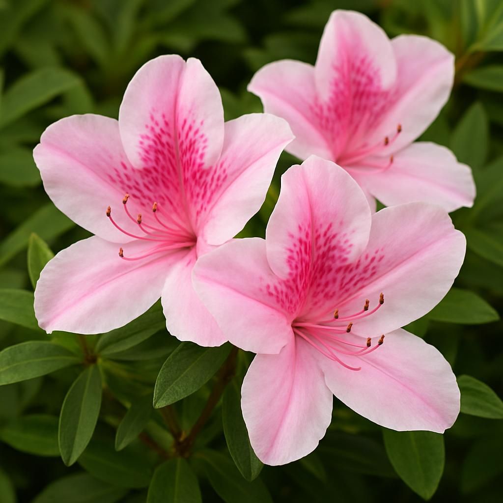 Vibrant pink and white azalea flowers with green foliage in soft natural light