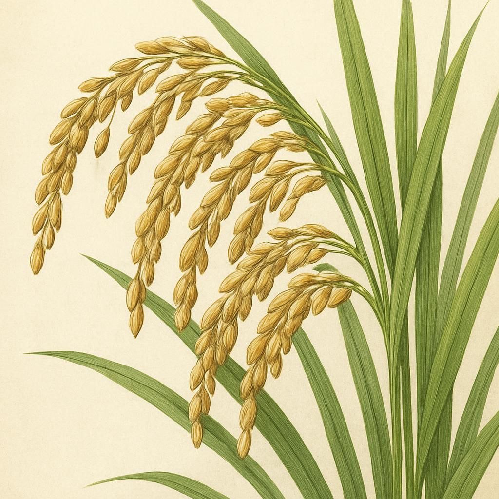 Close-up of Bahni Rice grains in a lush green field.