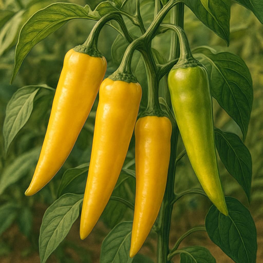 Close-up of vibrant hot banana peppers on the plant, showcasing their elongated shape.
