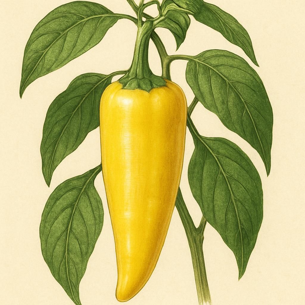 Close-up of a vibrant yellow Banana Pepper (Sweet) on the plant.
