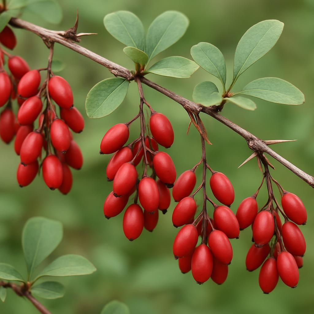 Ripe red barberry berries on thorny shrub branches with green leaves in natural garden setting