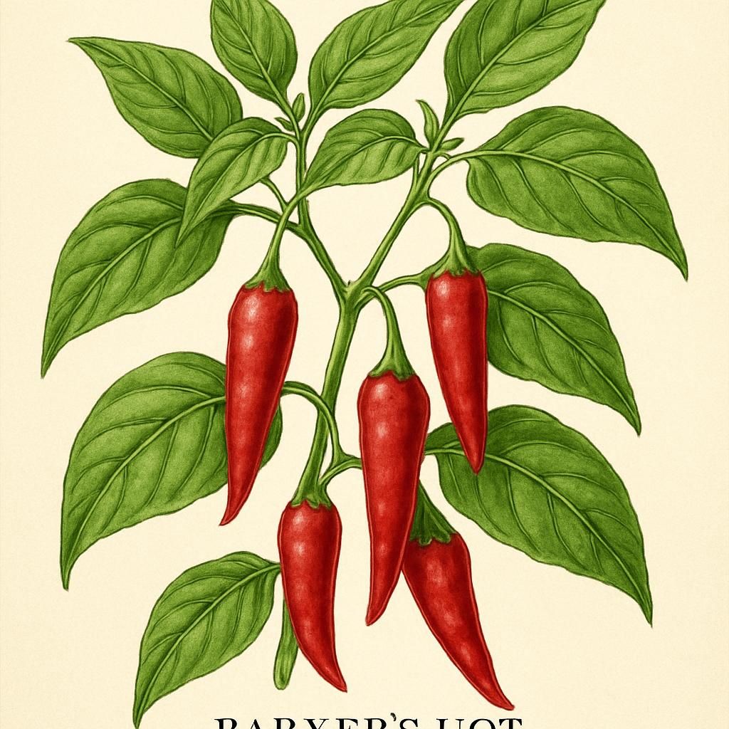 Close-up image of Barker's Hot Chili plant displaying red ripe peppers and vibrant green leaves.