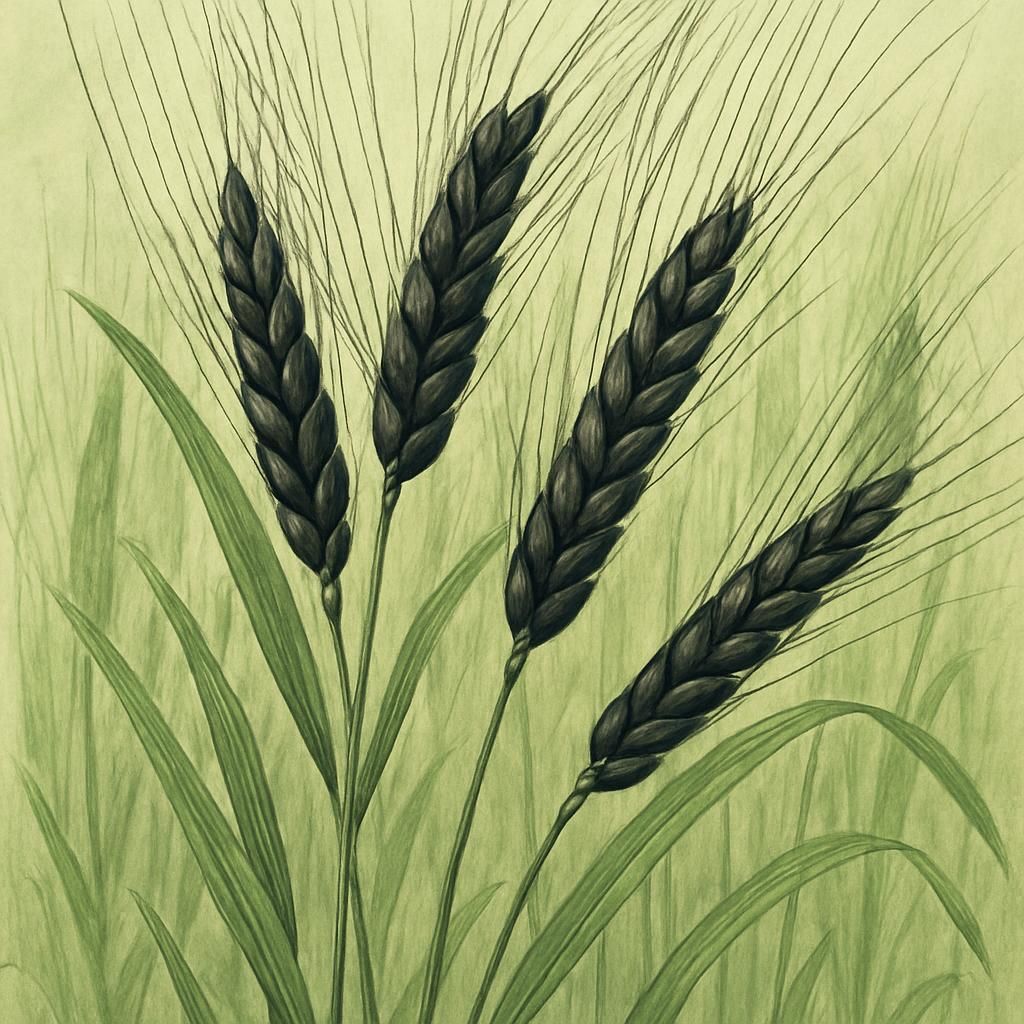 Close-up view of Black Nile barley stalks with black grains ready for harvest.