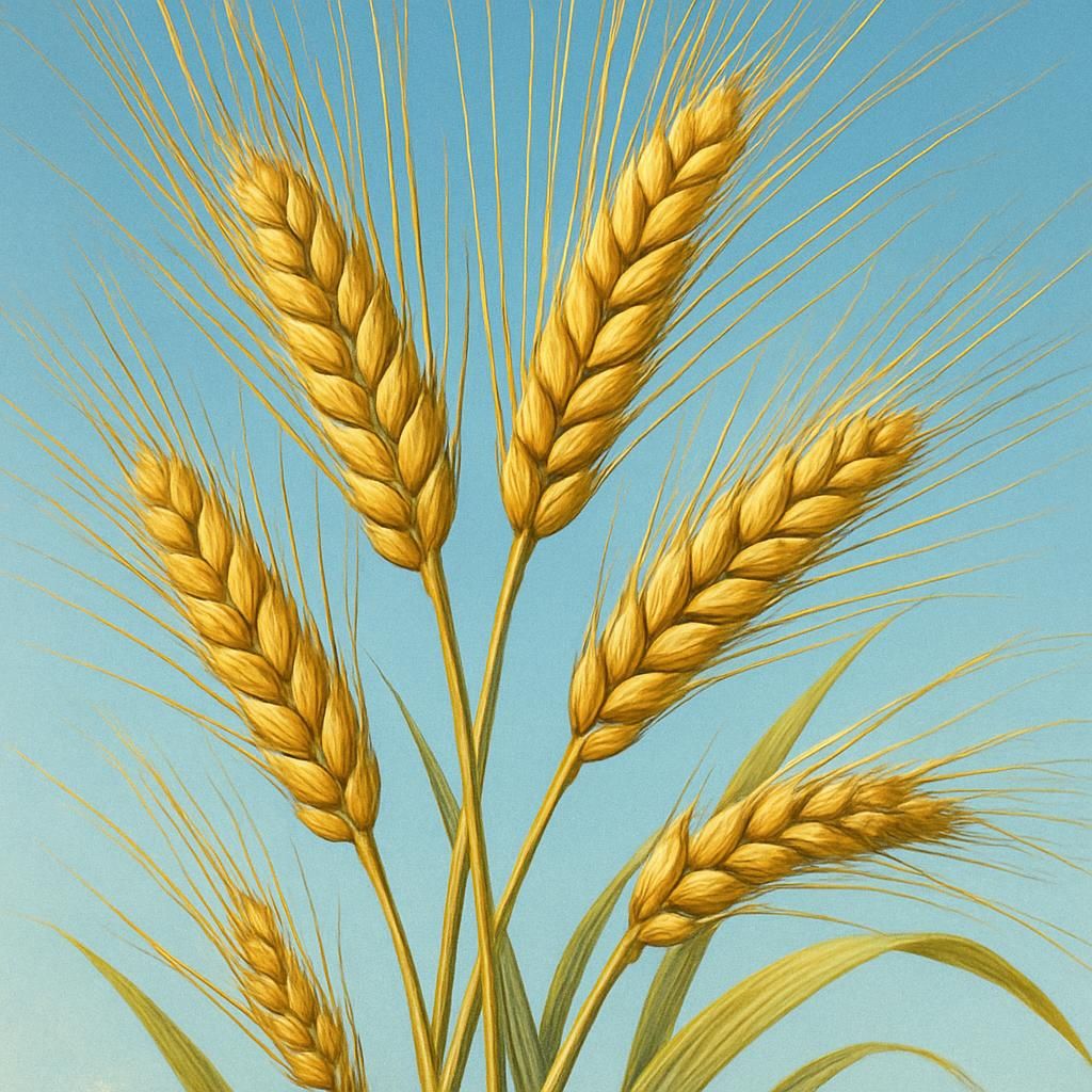 Close-up of golden Maris Otter barley heads under a blue sky, highlighting their two-row structure.