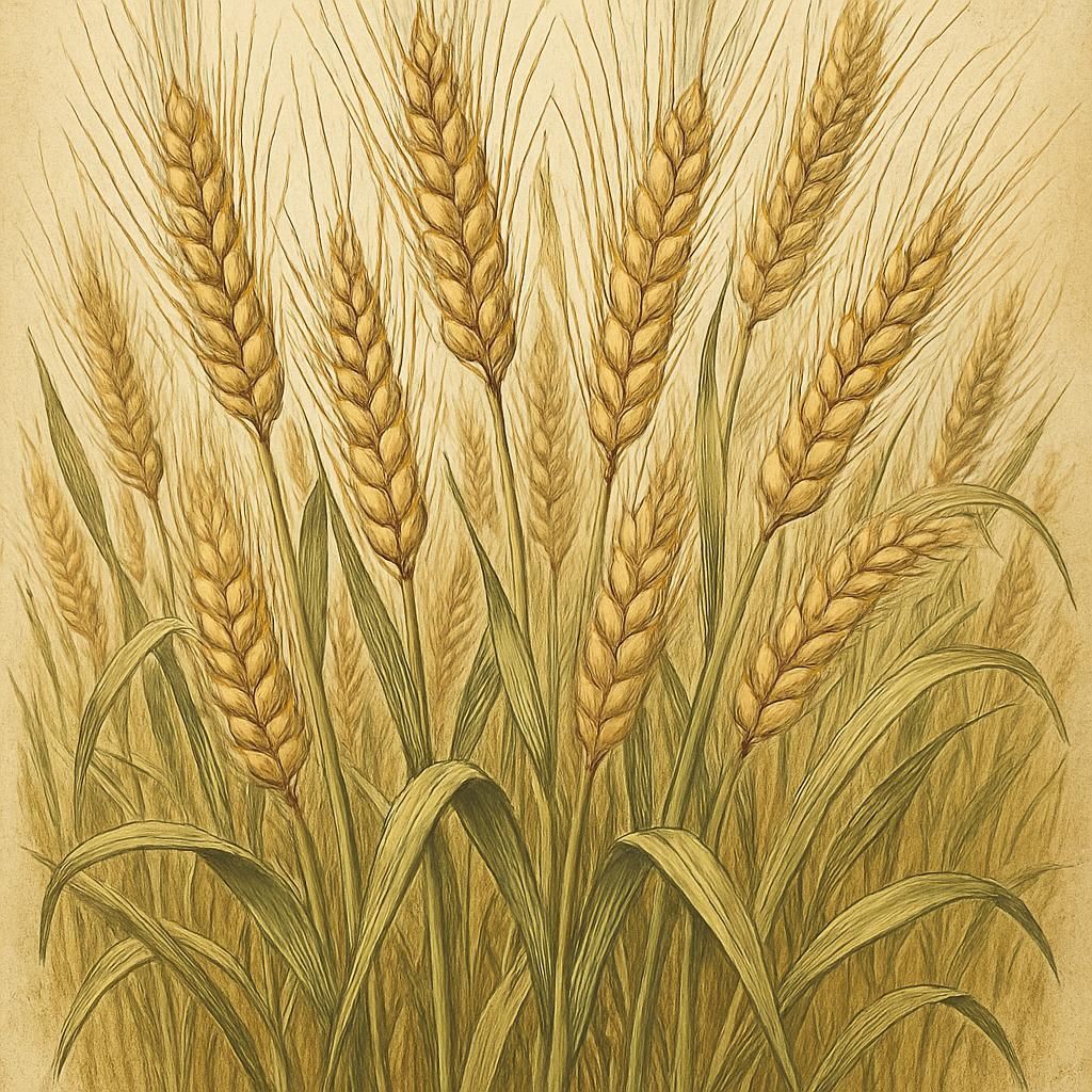 Mature Six-row Lacey barley in a golden field, showcasing its signature six rows of grain.