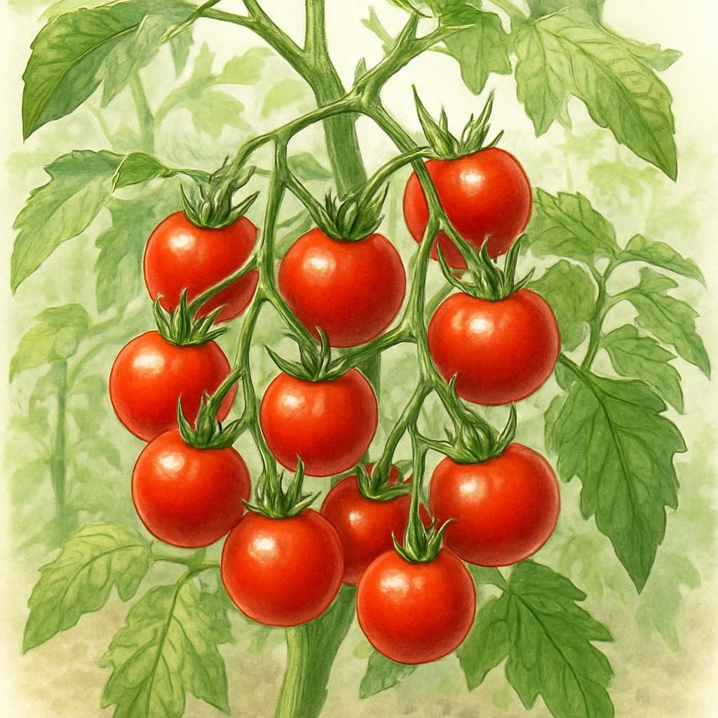 Close-up of sweet Barry's Crazy Cherry Tomato clusters on healthy indeterminate vines in a sunny garden.