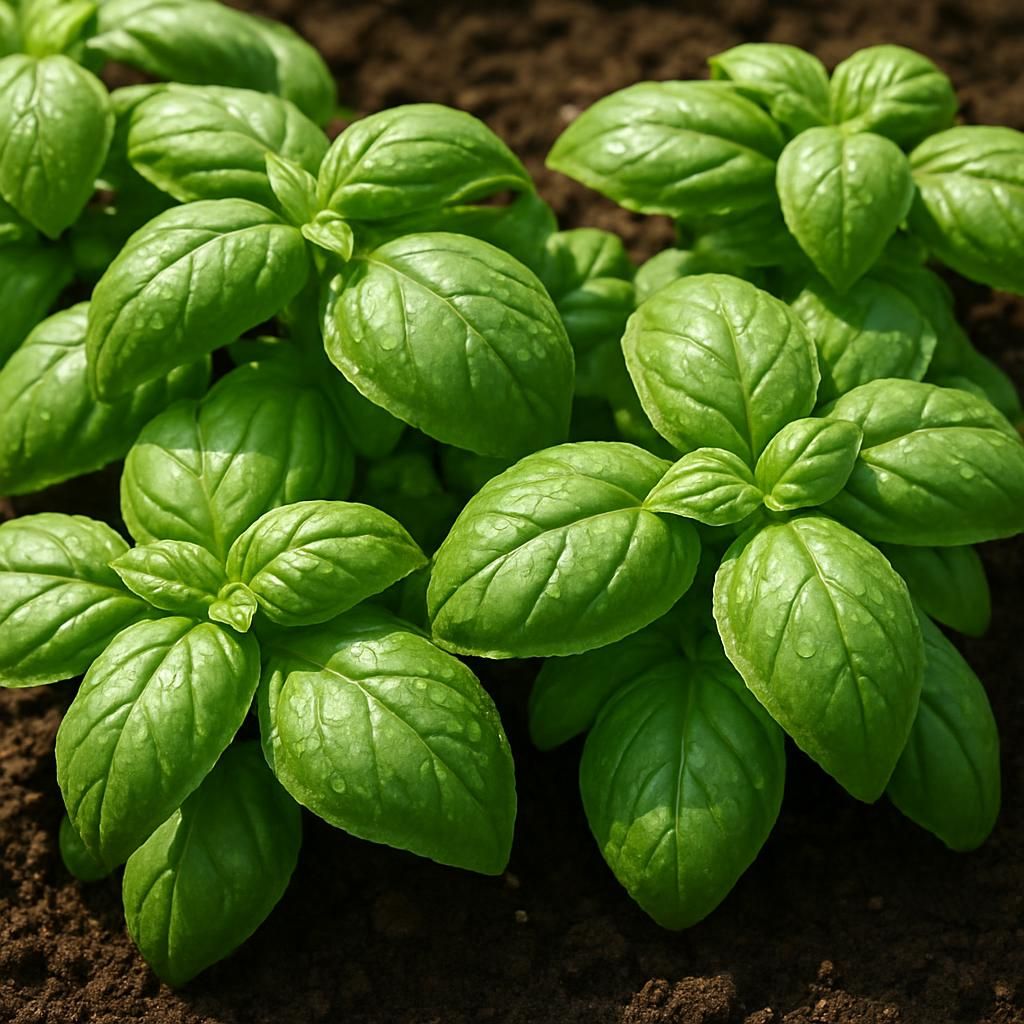 Lush green Genovese basil plants with dew drops growing in rich organic soil under bright sunlight