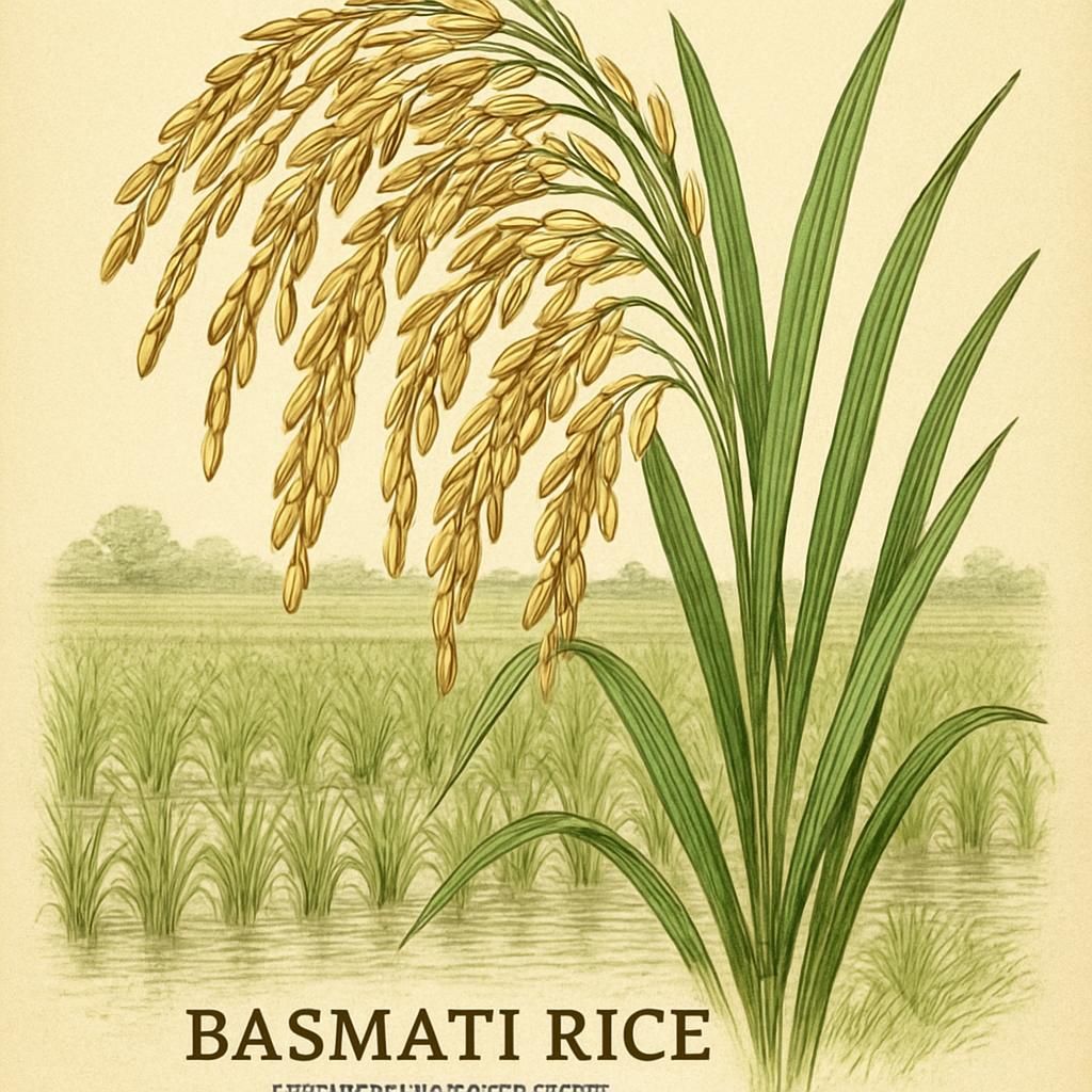 Close-up image of Basmati Rice (Dehraduni) in a vibrant green paddy field.