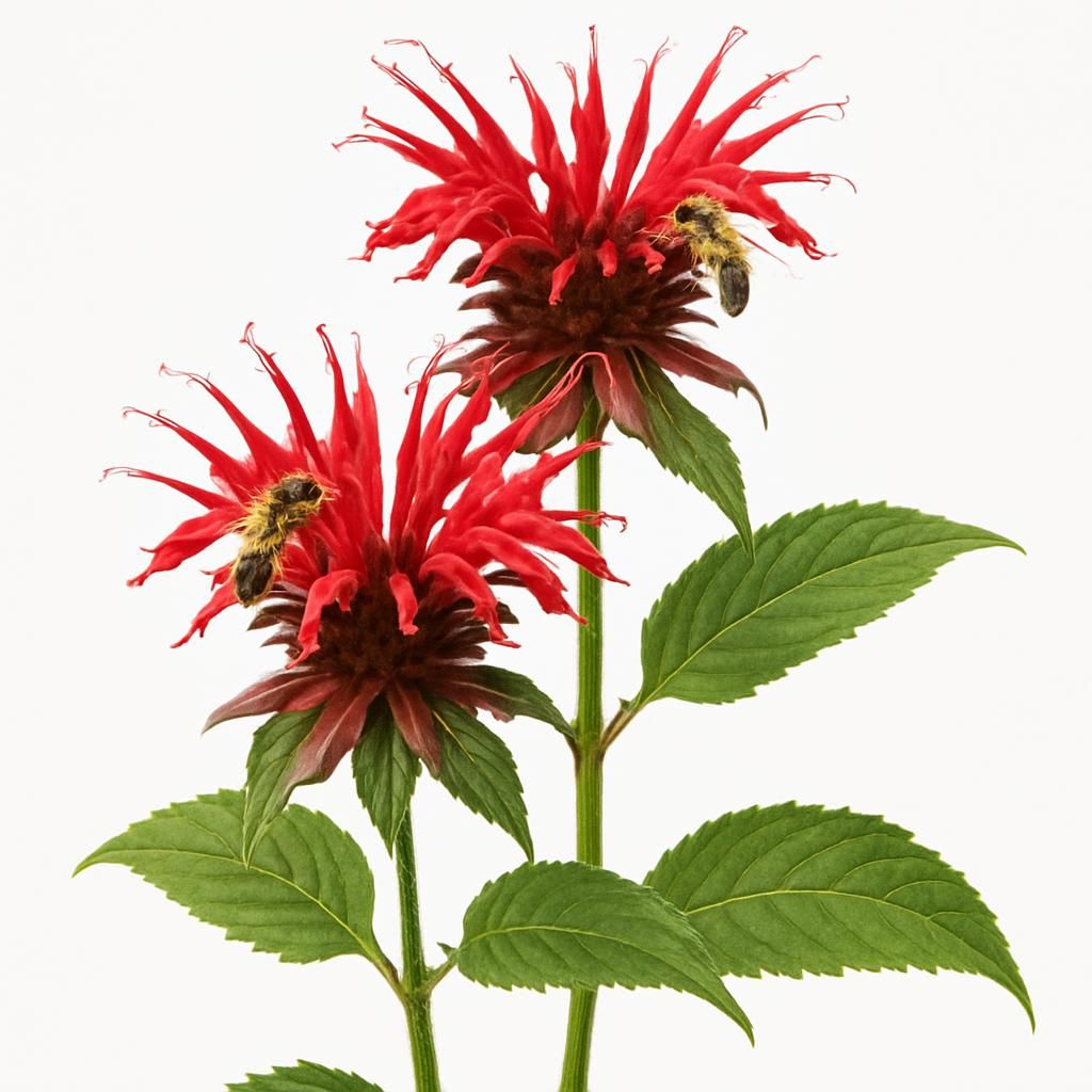 Close-up of scarlet bee balm flowers and aromatic green leaves for herb gardening guide