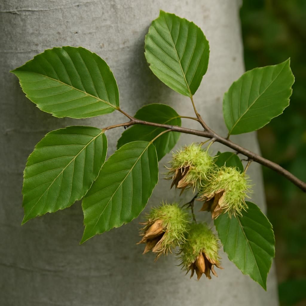 Close-up of Fagus sylvatica beech nuts and leaves on tree branch for growing guide