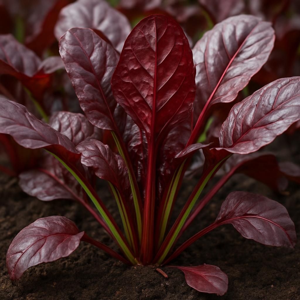 Close-up of Bull’s Blood beet plants with deep red leaves and green stems in fertile soil