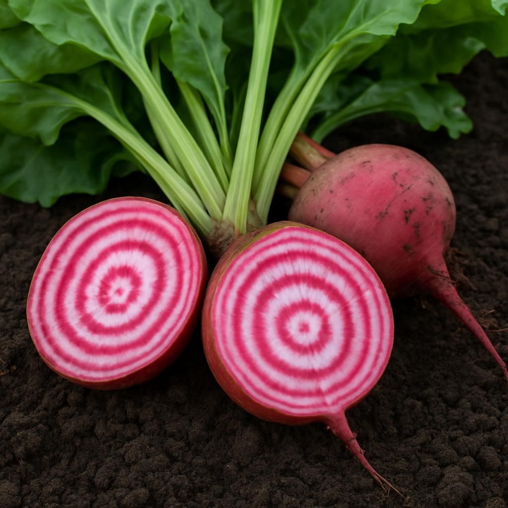 Sliced Chioggia candy stripe beets showing pink and white rings on soil with fresh greens