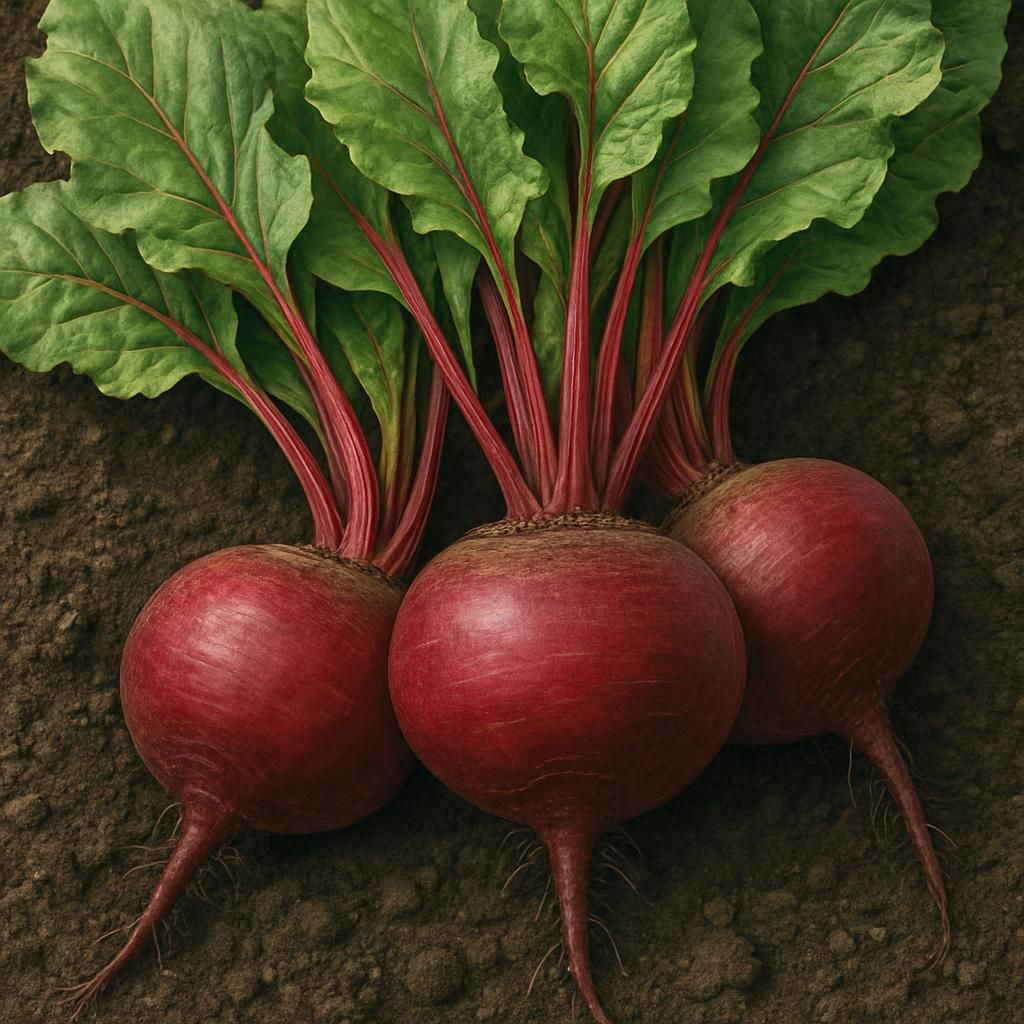 Freshly harvested Crosby Egyptian beets with deep red roots and leafy greens on soil
