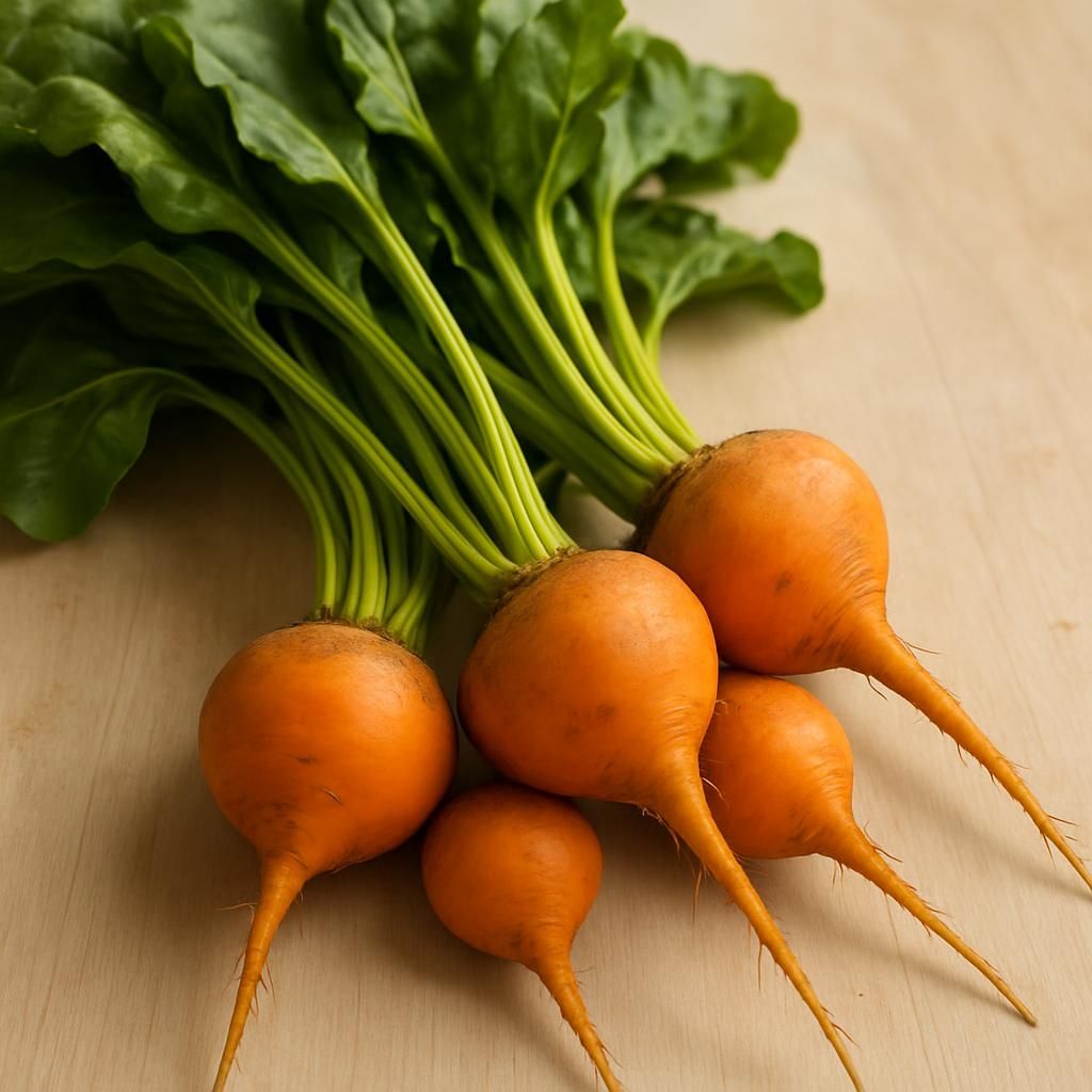 Golden Detroit beets showing vibrant orange roots and fresh green tops ready for harvest