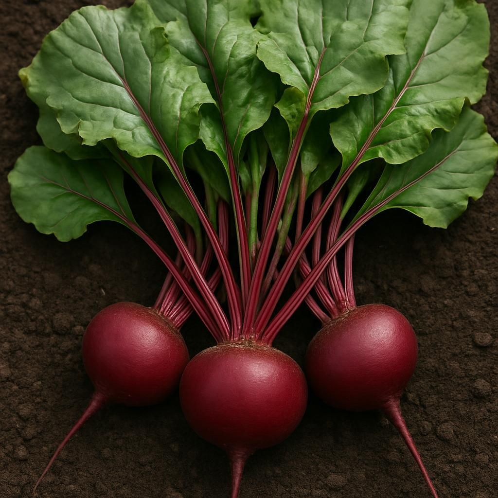 Lutz Green Leaf beets showing large red roots and lush green leaves ready for harvest in organic garden