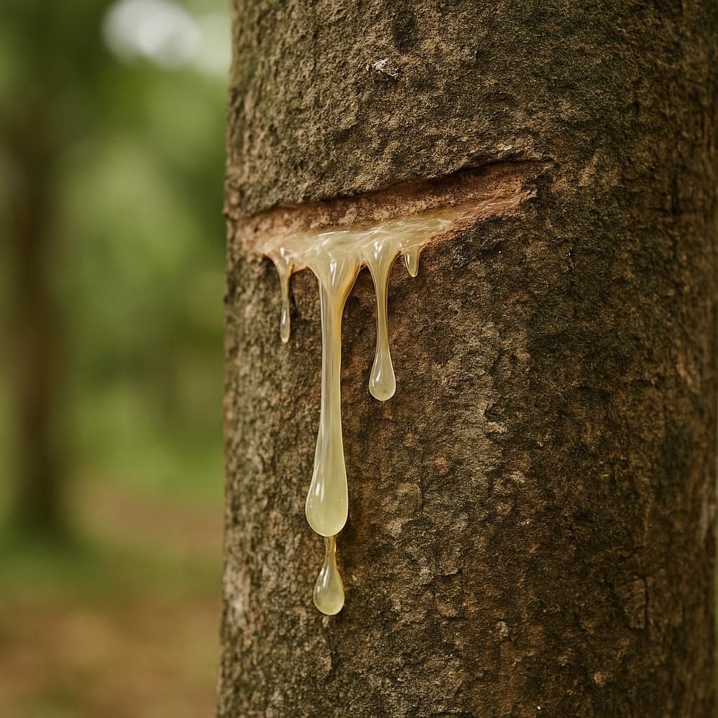 Close-up of benzoin resin tears on Styrax benzoin tree trunk in tropical plantation