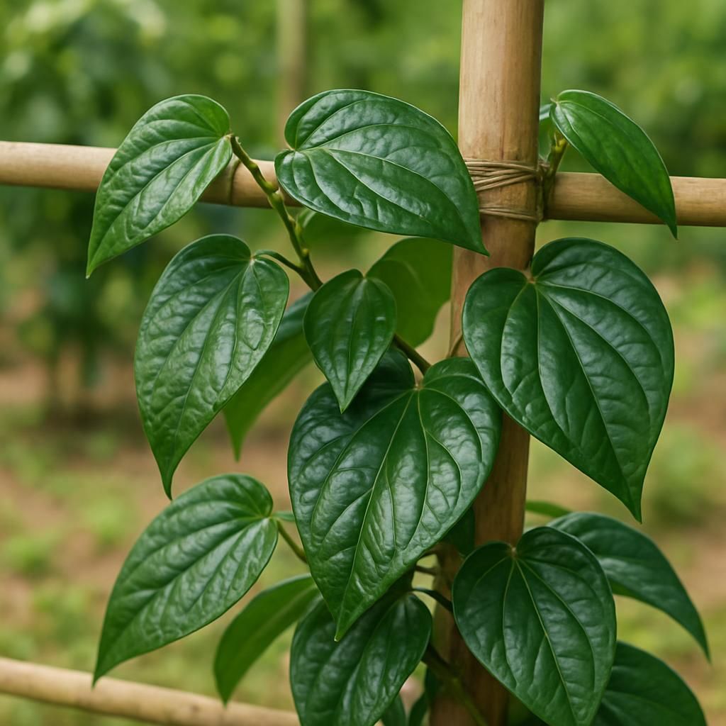 Close-up of vibrant betel leaves on a climbing vine ready for harvest