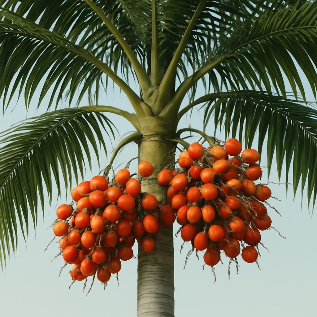 Mature betel nut palm with ripening orange-red fruit clusters in tropical plantation