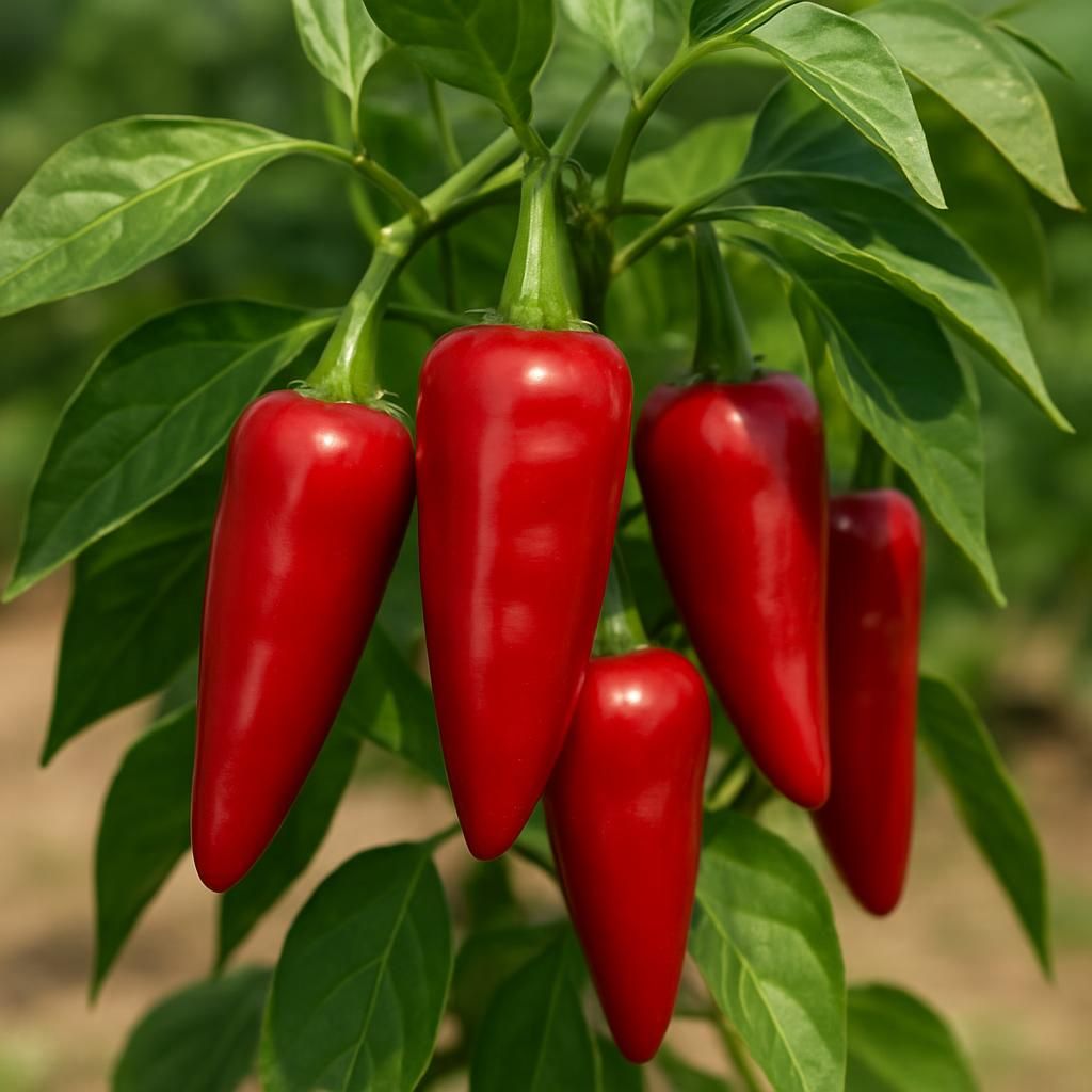 Close-up of vibrant red Bhavnagari chili pods on the plant ready for harvest