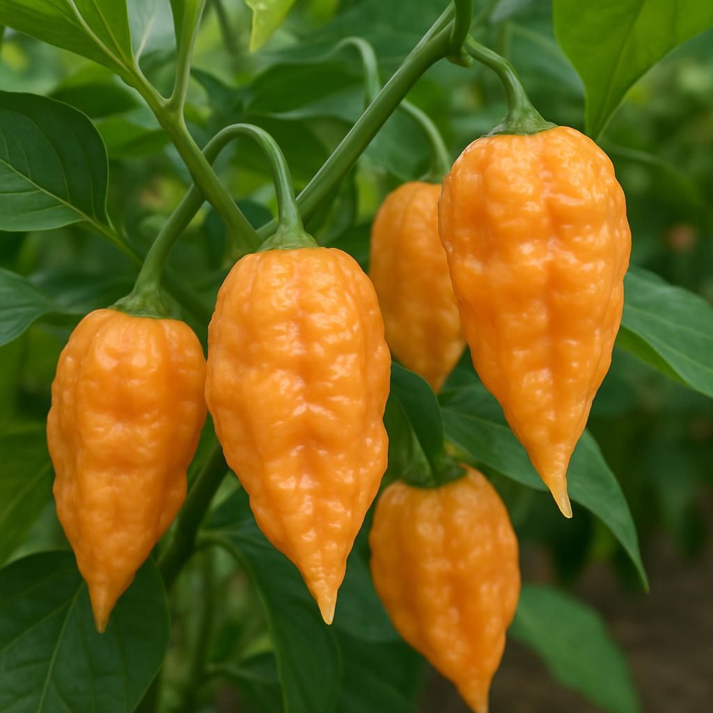 Close-up of ripe Bhut Jolokia Peach ghost pepper pods showing vibrant peach-orange color and wrinkled texture