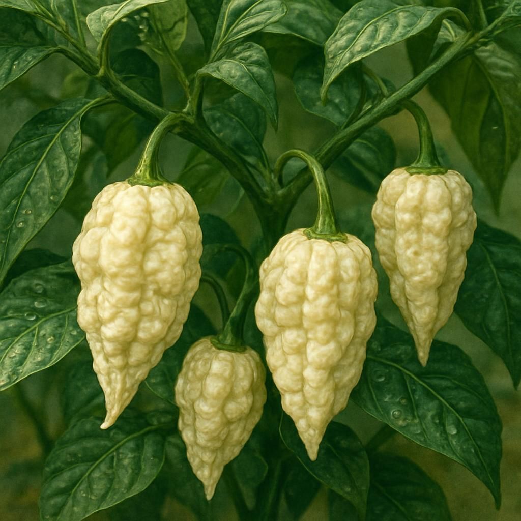 Close-up of ripe creamy-white Bhut Jolokia White ghost peppers on the plant