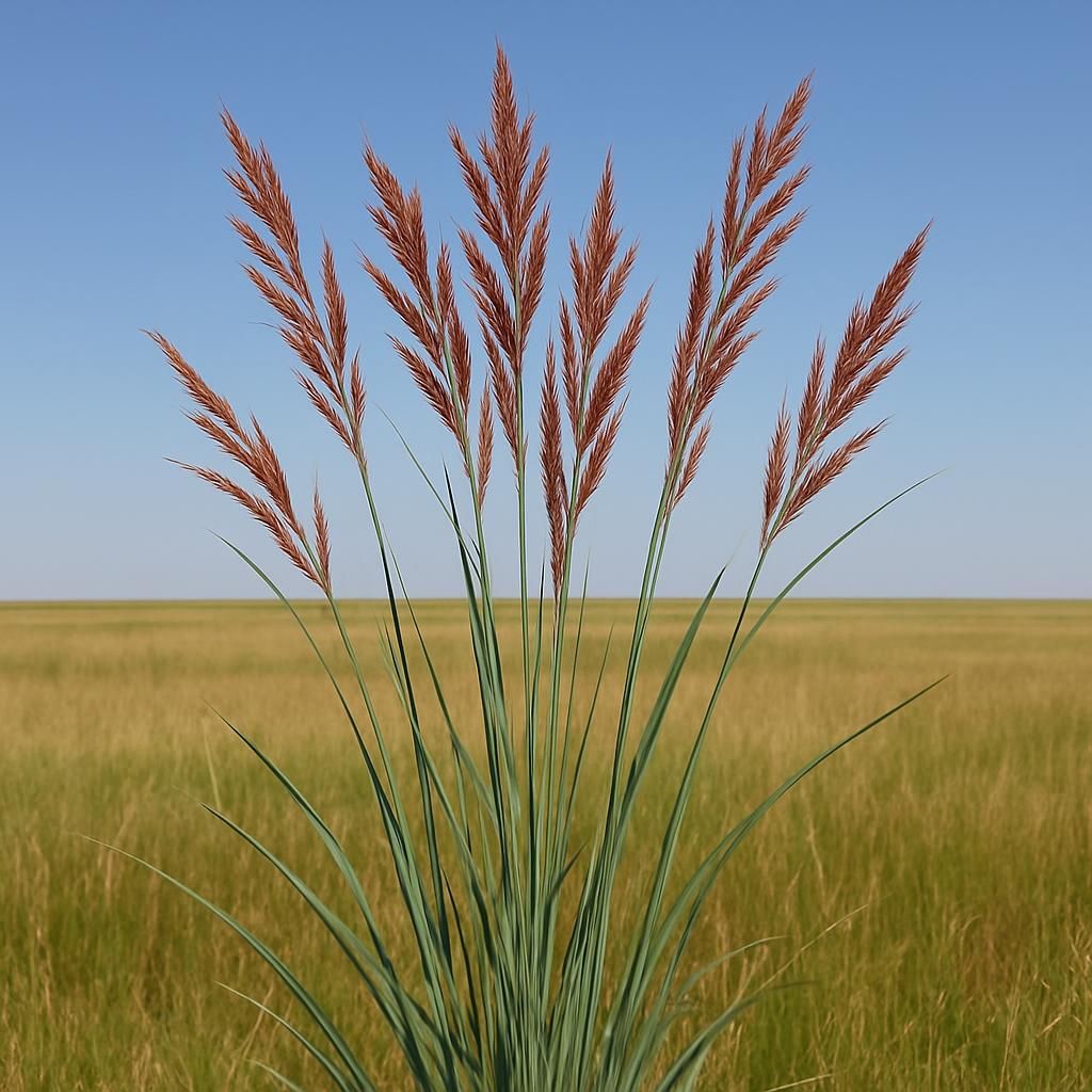 Close-up of tall big bluestem grass with distinctive three-part seed heads in a sunny prairie field