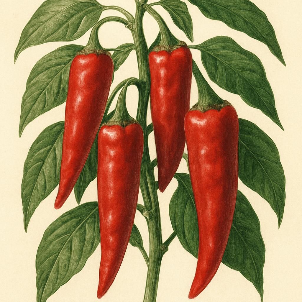 Big Jim Chili peppers in vibrant red on a plant with green leaves.