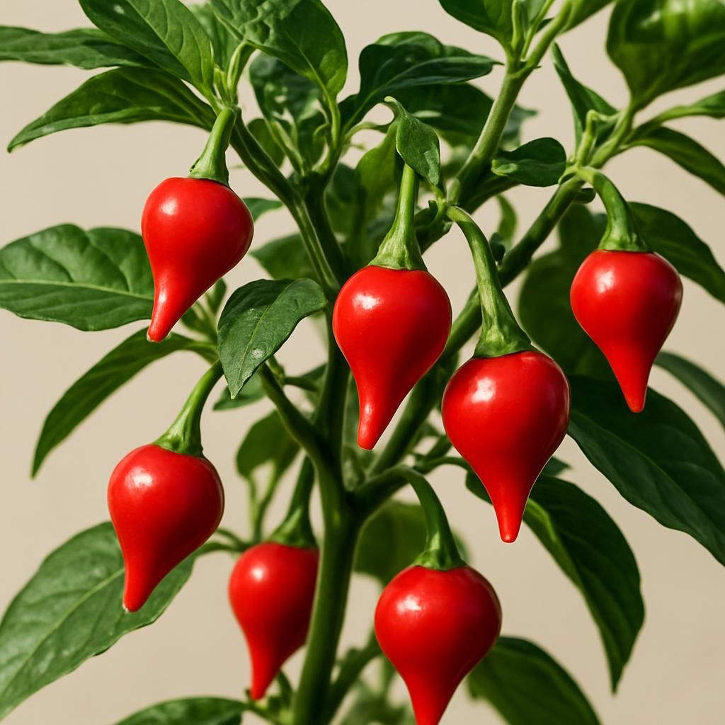 Close-up of ripe red Biquinho Peppers on plant showing teardrop shape and glossy skin