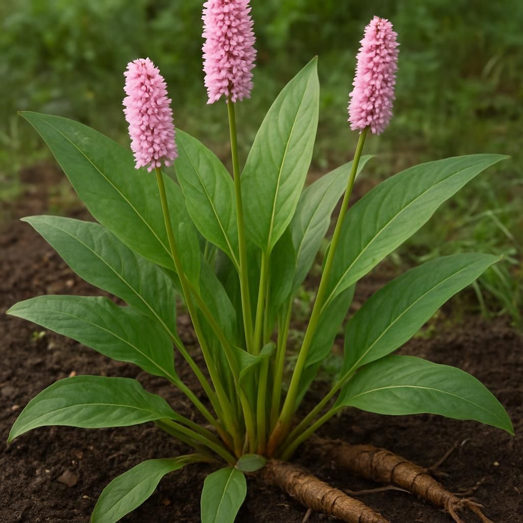 Close-up of Bistort plant with pink flower spikes and broad green leaves in moist soil