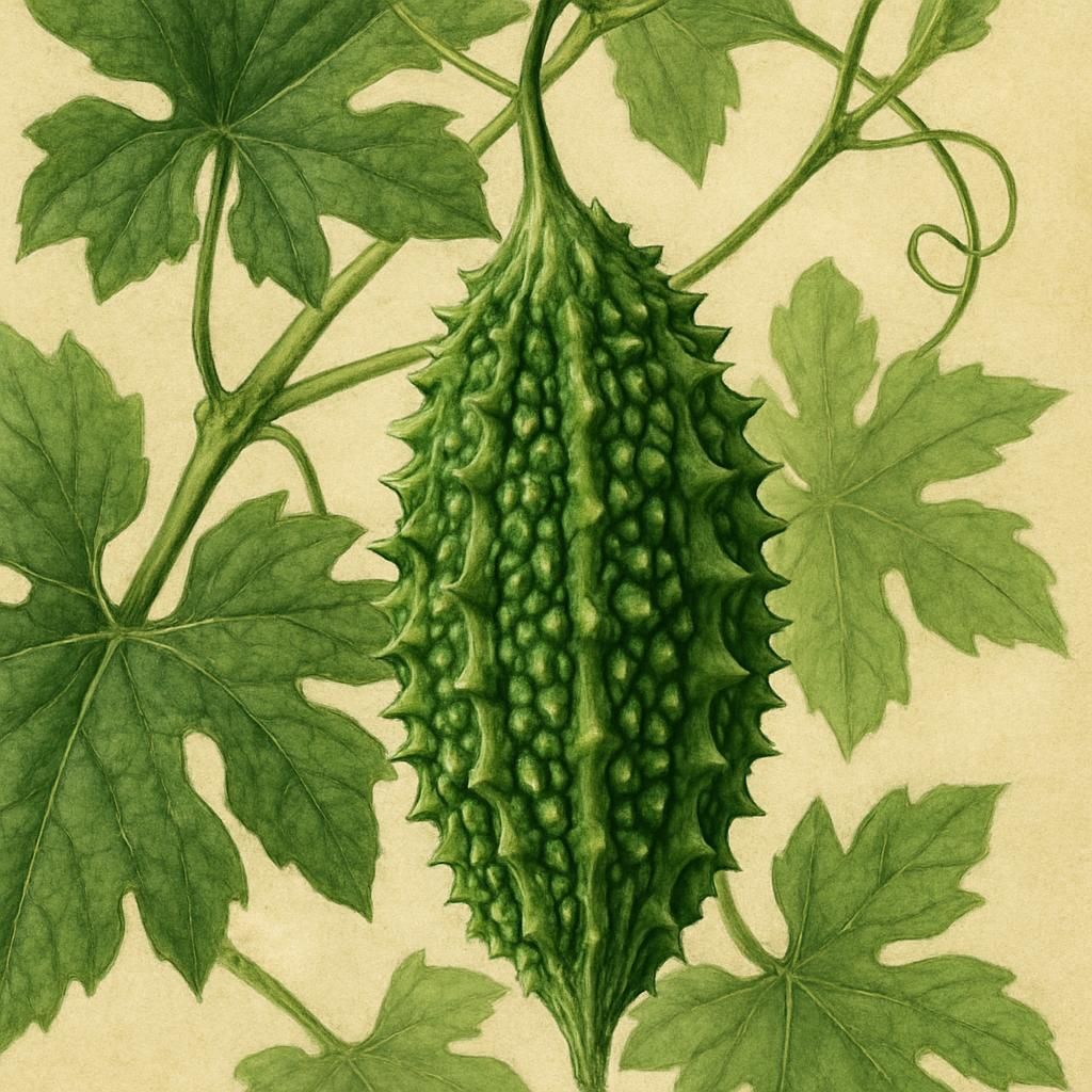 Close-up of Indian Bitter Melon on the vine, showcasing its spiky texture and green color.