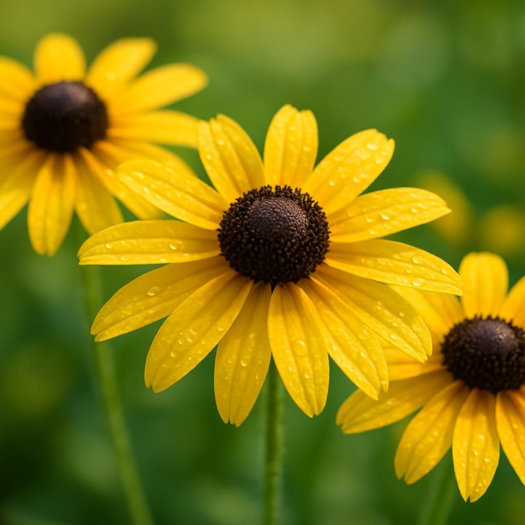 Close-up of blooming black-eyed Susan flowers showing bright yellow petals and dark cone centers in a garden setting
