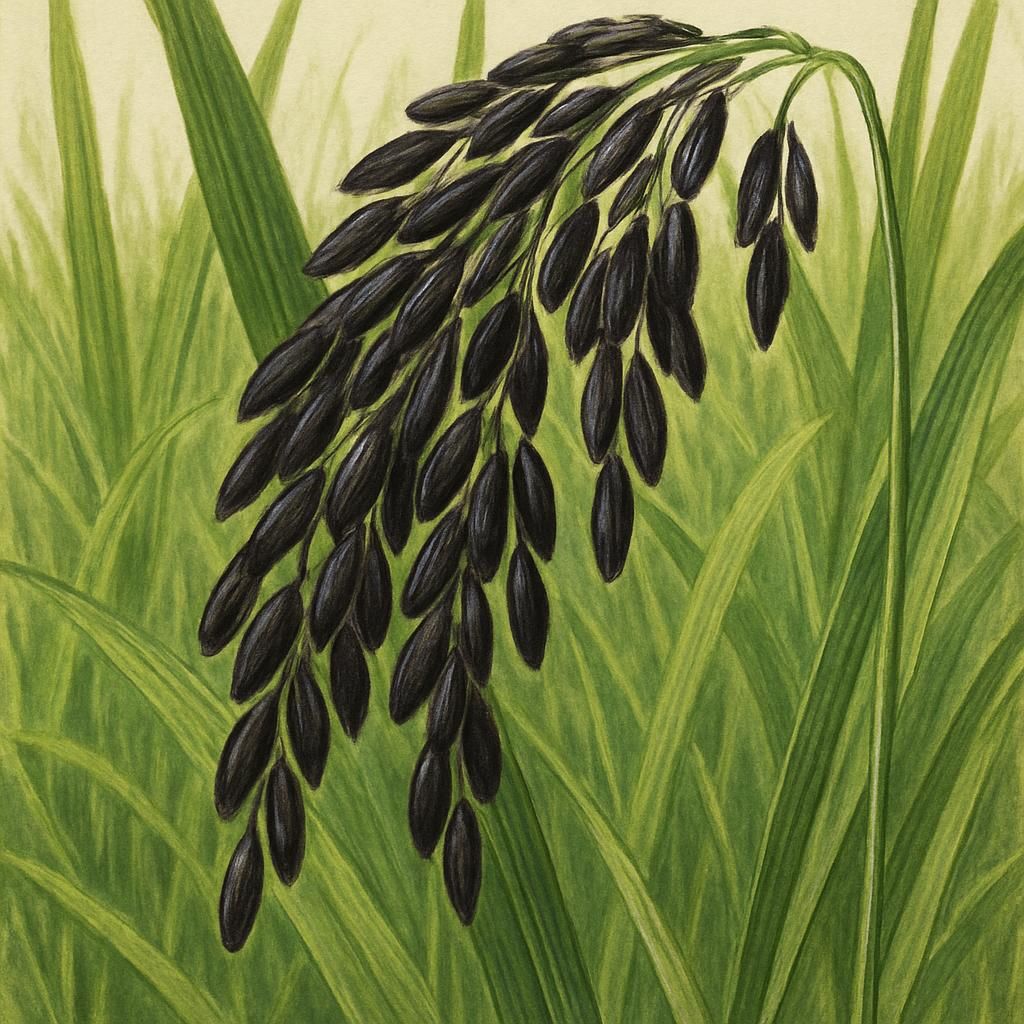Close-up of Black Nunia Rice with lush green field in background, highlighting its dark grains.