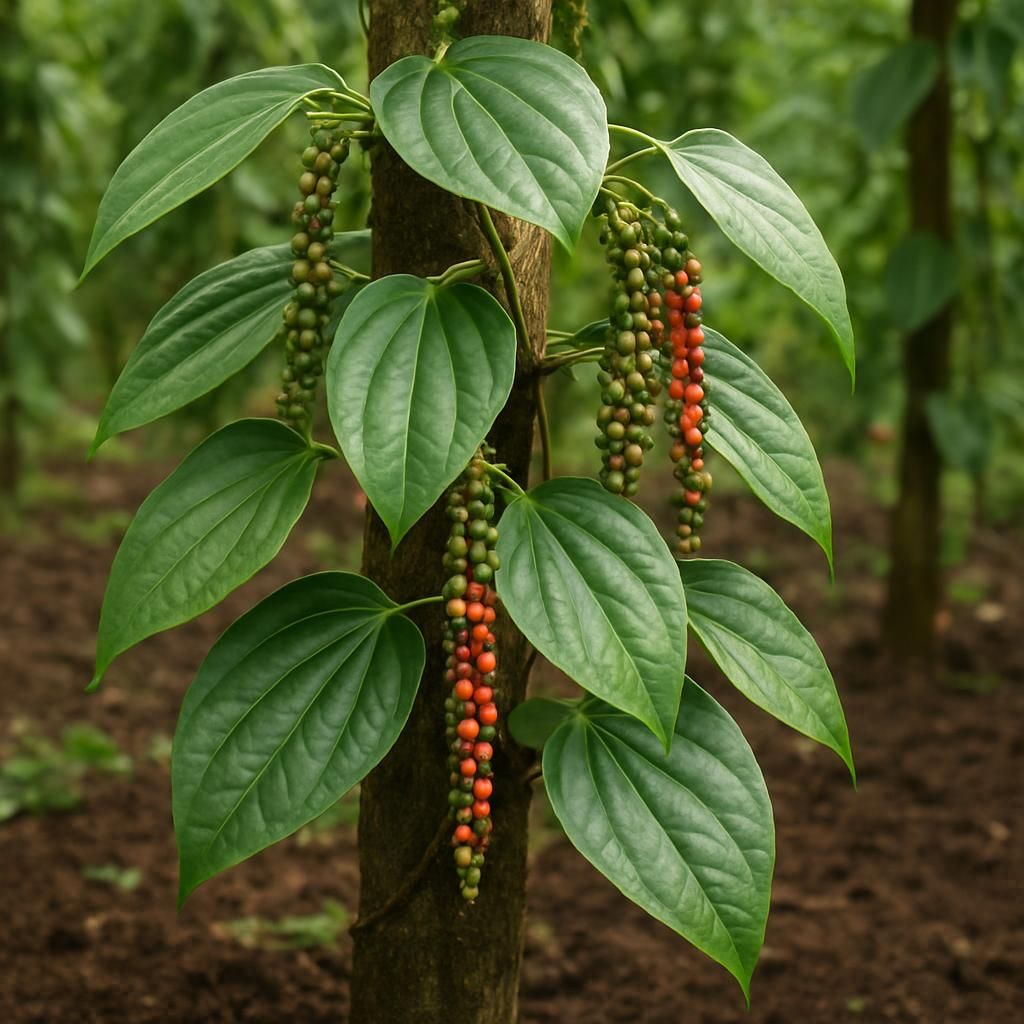 Close-up of Lampong black pepper vines with ripening peppercorns on living support in tropical plantation