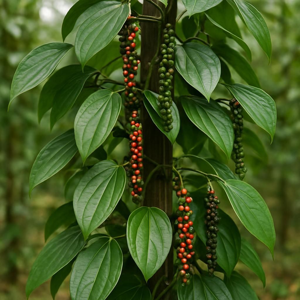 Close-up of thriving Malabar black pepper vines with ripening peppercorns on support in tropical farm