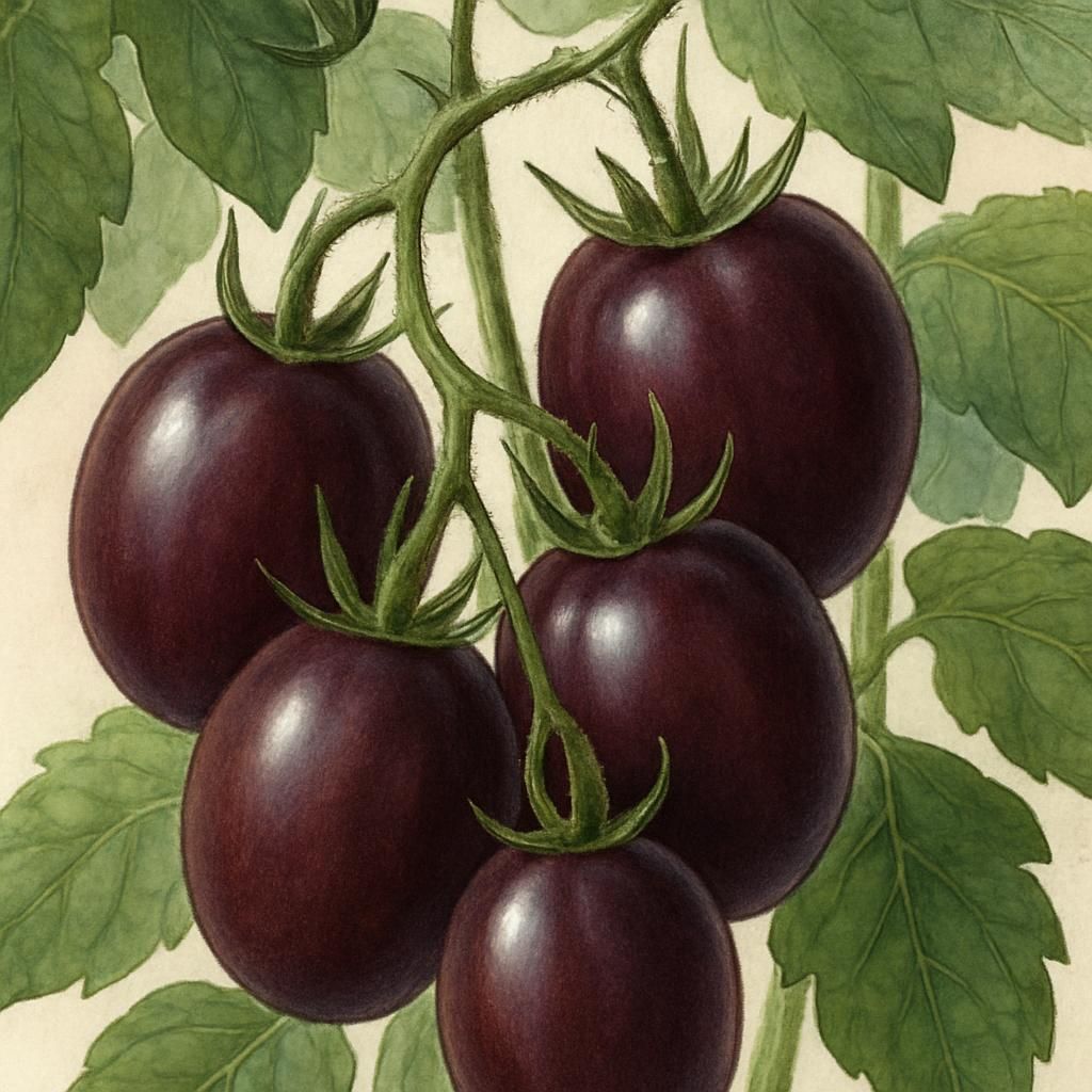 Ripe Black Plum Tomato fruits showing deep purple-brown color and elongated plum shape on healthy vines
