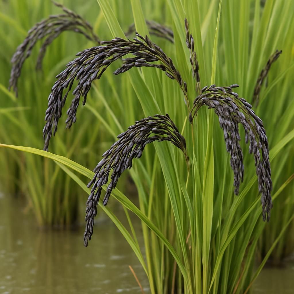 Close-up image of Black Rice plants with dark purplish grains in a flooded field.