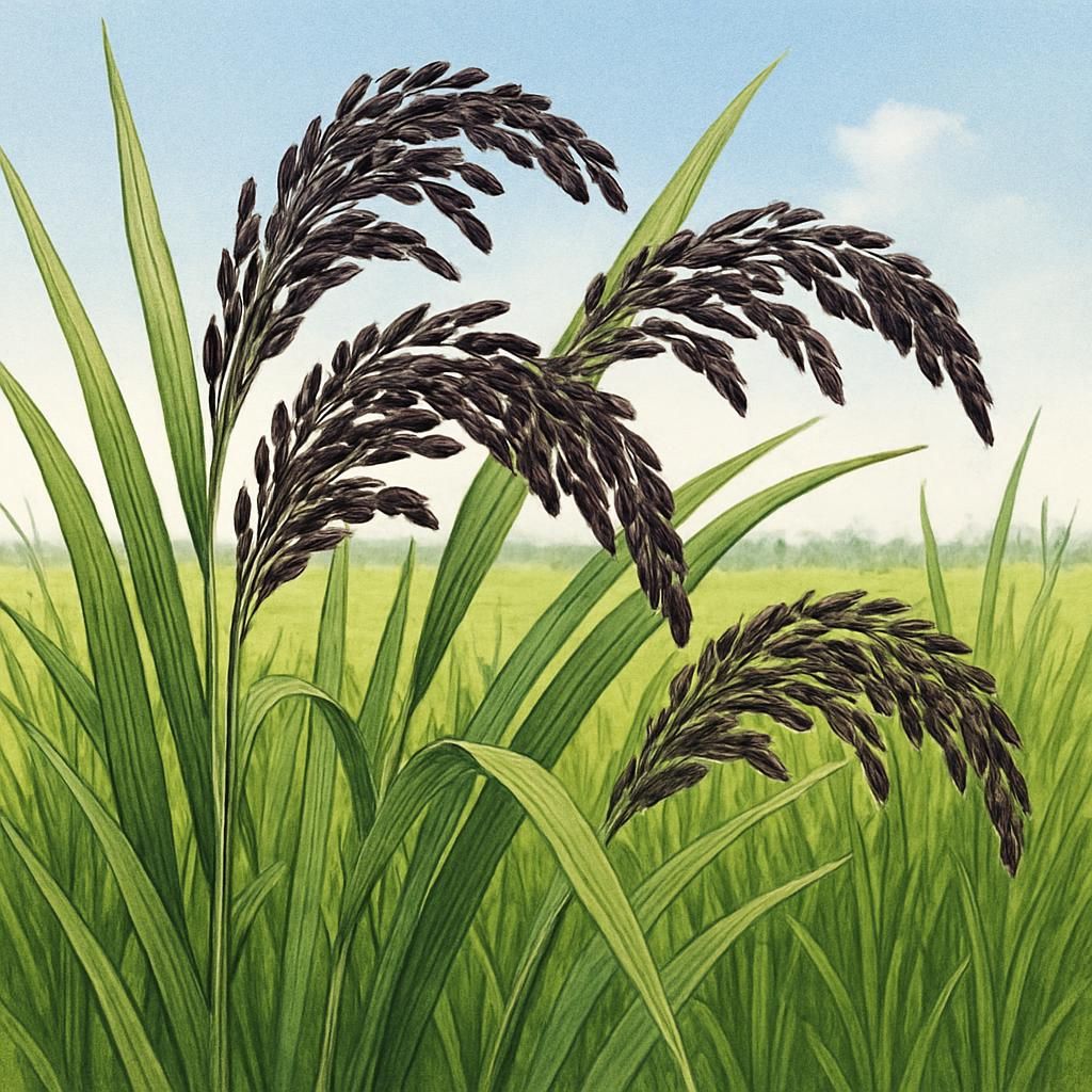 Close-up shot of Indonesian Chak-hao black rice plants thriving in a field.